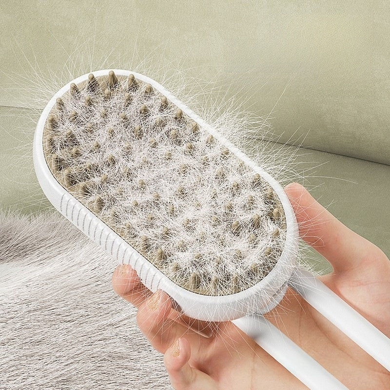 Cleaning brush with accumulated hair and fur held by a hand against a neutral background