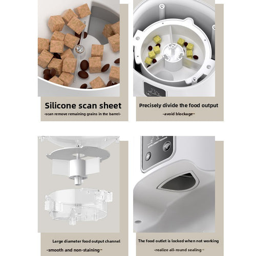 Collage of images showing a food processor with text describing its features.