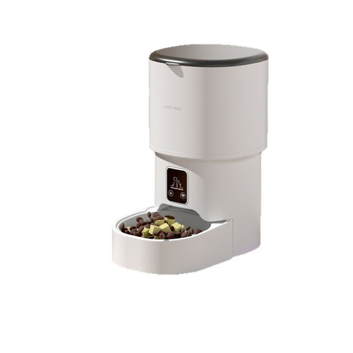 White pet feeder with food on a white background