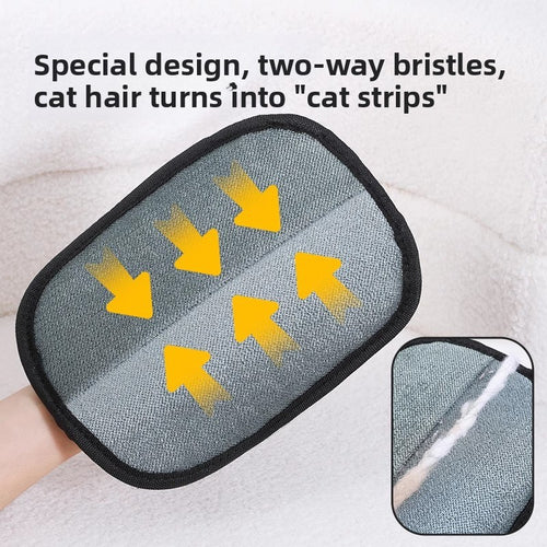 Cat grooming brush with two-way bristles and text explaining its design.