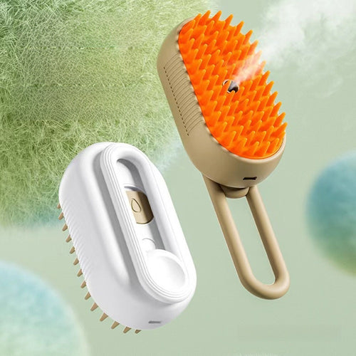 Two grooming brushes, one with orange bristles and the other white, on a light green background.